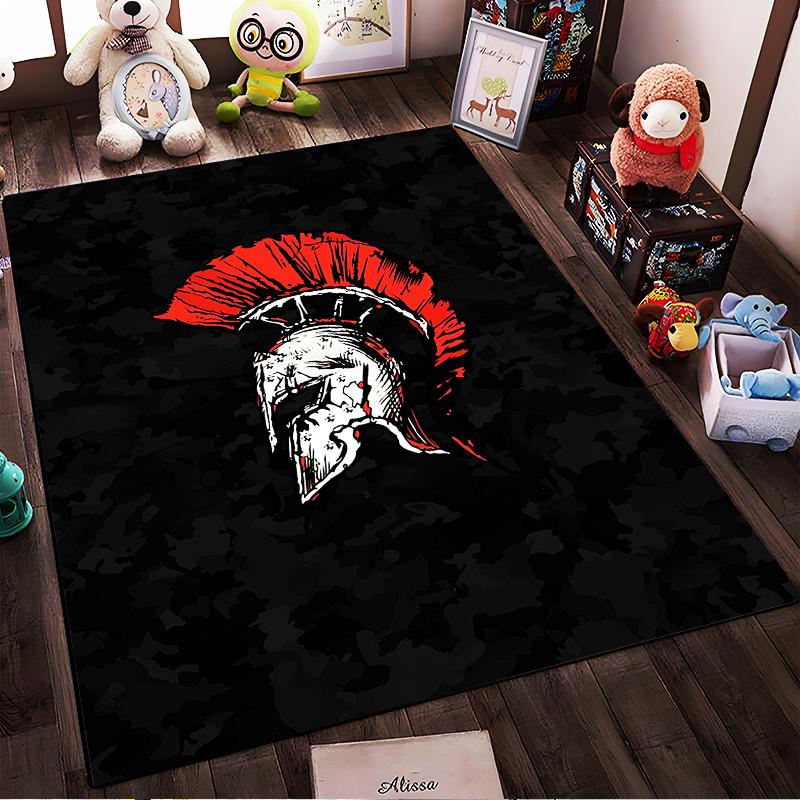 Spartan Helmet Design Carpet with Red Crest on Black Camouflage Background Suitable for use as an anti-slip for living room bedroom sofas