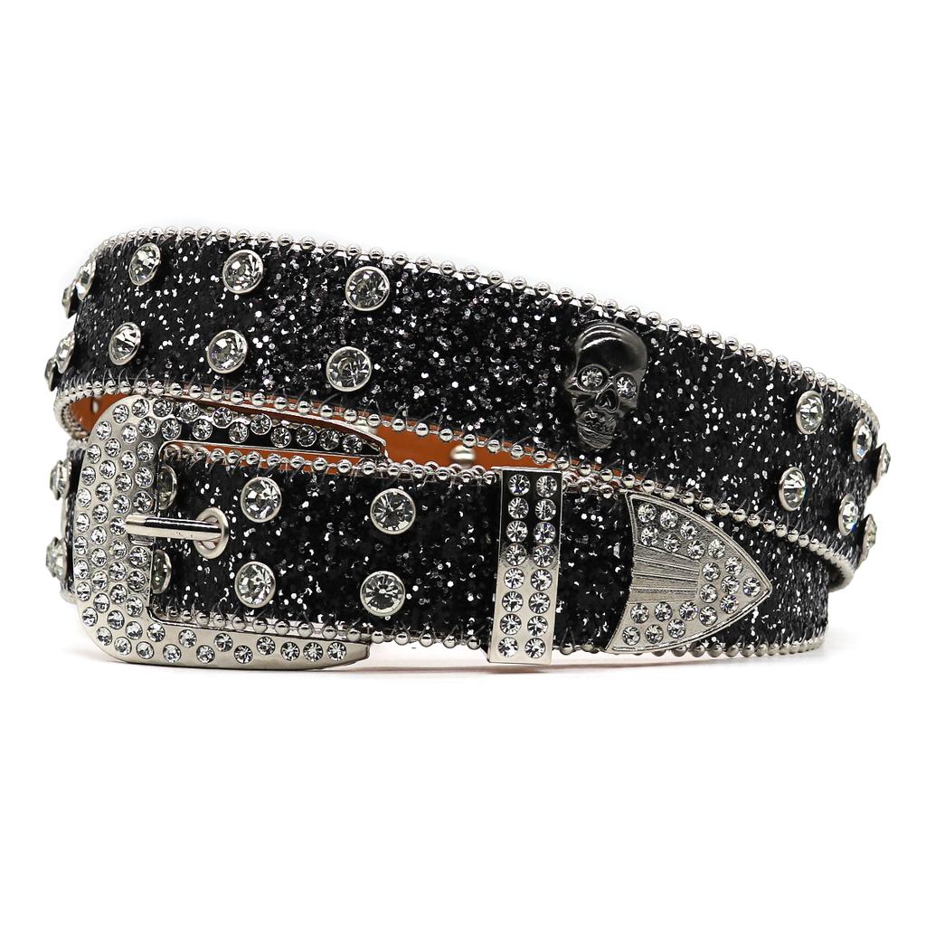 PU Leather Wide Belt Western Crystal Rhinestone Inlaid Skeleton Accessories Zinc Alloy Button Hip Hop Punk Trendy Women's 3.5cm