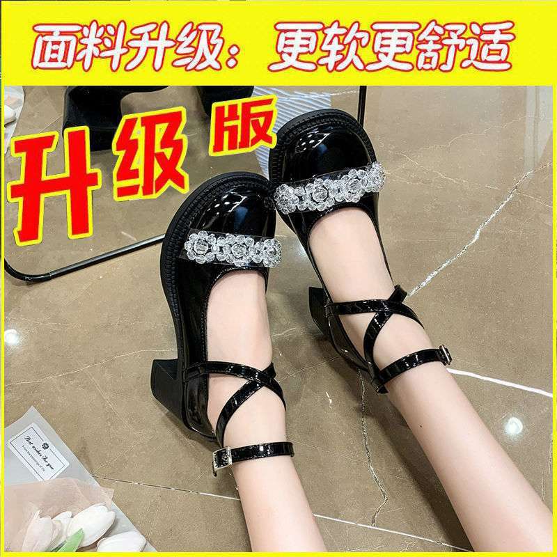 Fairy style Mary Jane shoes girl 2025 new thick heel rhinestone Korean version small leather shoes French strap high heels