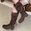 Fashion Eilyken 2025 New Winter Designer Tassel Woman Knee High Boots Fashion Round Toe Lace Up Square Heels Long Booties Shoes