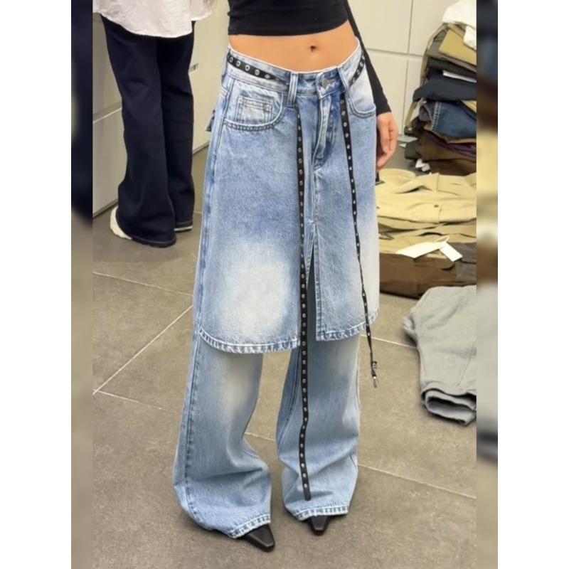 American Vintage Loose Fit Fake Two Piece Layered Jeans Women Fashion Denim Pants Wide Leg Trousers Streetwear