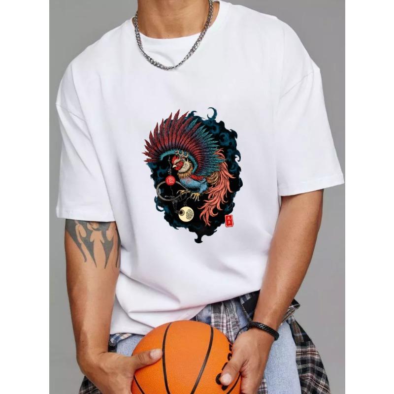 

White T Shirt with Phoenix and Yin Yang Design for Casual Wear S