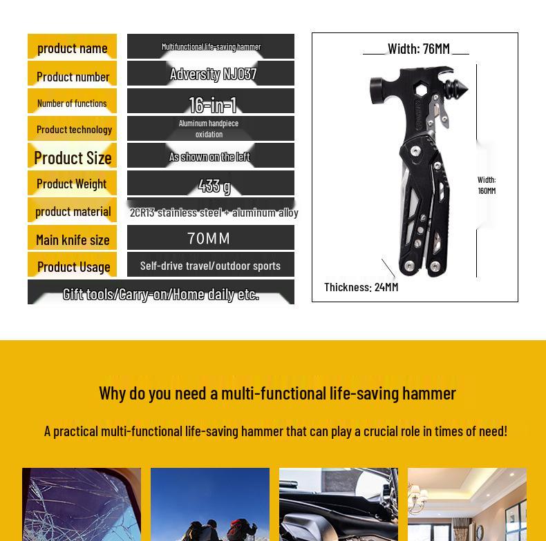 Multifunctional Outdoor Tool: Pliers, Hammer, Folding Knife, Vehicle Window Breaker