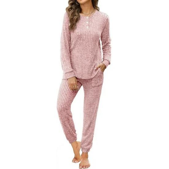 Women's Ribbed Knit Outfits 2 Piece Long Sleeve Pajama Set Fall Casual Sweatshirt And Joggers Lounge Set