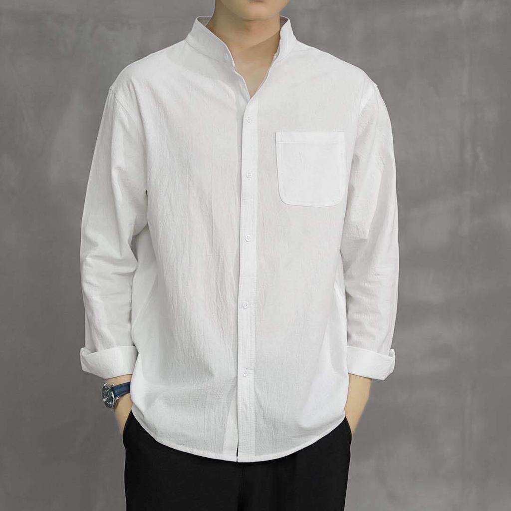 Neues weißes Hemd aus Baumwollleinen für Herren, lässig, locker, koreanische Version des Trends, langärmeliges Hemd, schwarzer Mantel