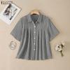 ZANZEA Women Casual Turn Down Collar Loose Short Sleeve Plaid Print Blouse