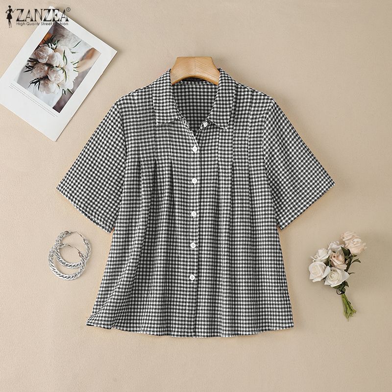 ZANZEA Women Casual Turn Down Collar Loose Short Sleeve Plaid Print Blouse