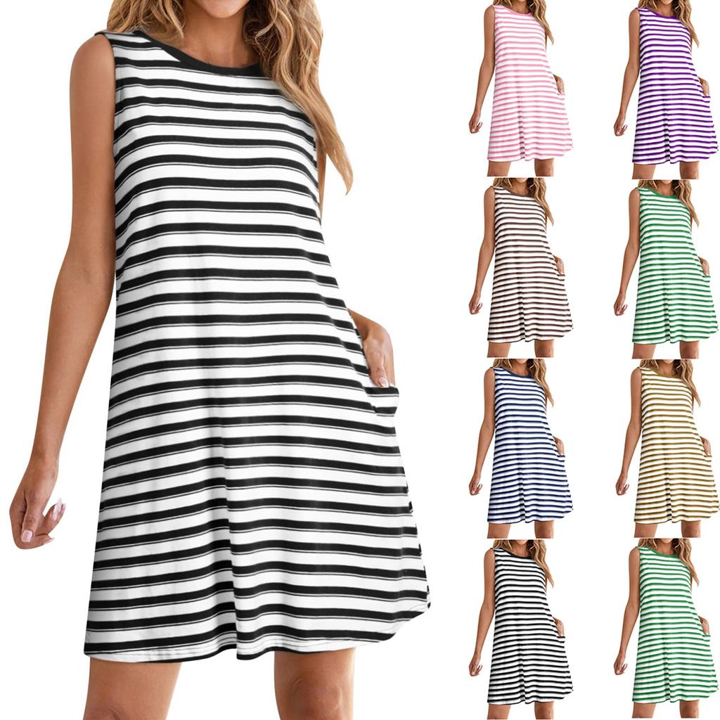 Ladies' Loose Comfortable Casual And Fashionable Striped Plaid Sleeveless Dress