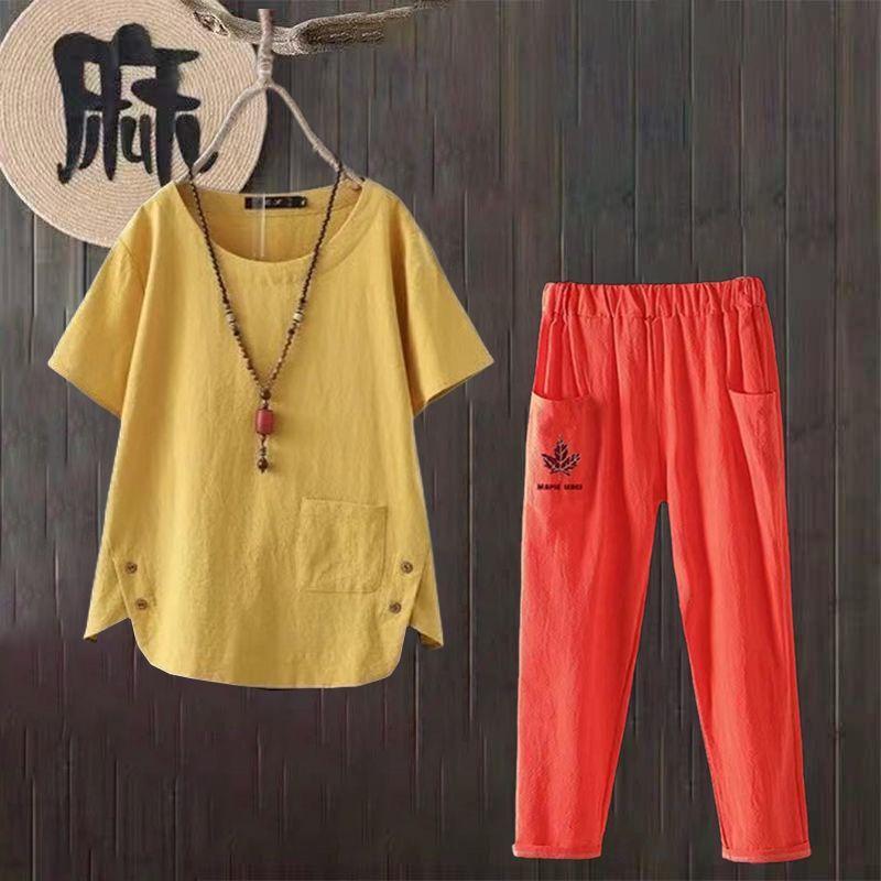 2pcs Cotton Linen Pants Suits Summer Women's Round Neck Cotton Linen Blouse Elastic Waist Cotton Linen Harem Pants Two-Piece Set Casual  Outfits