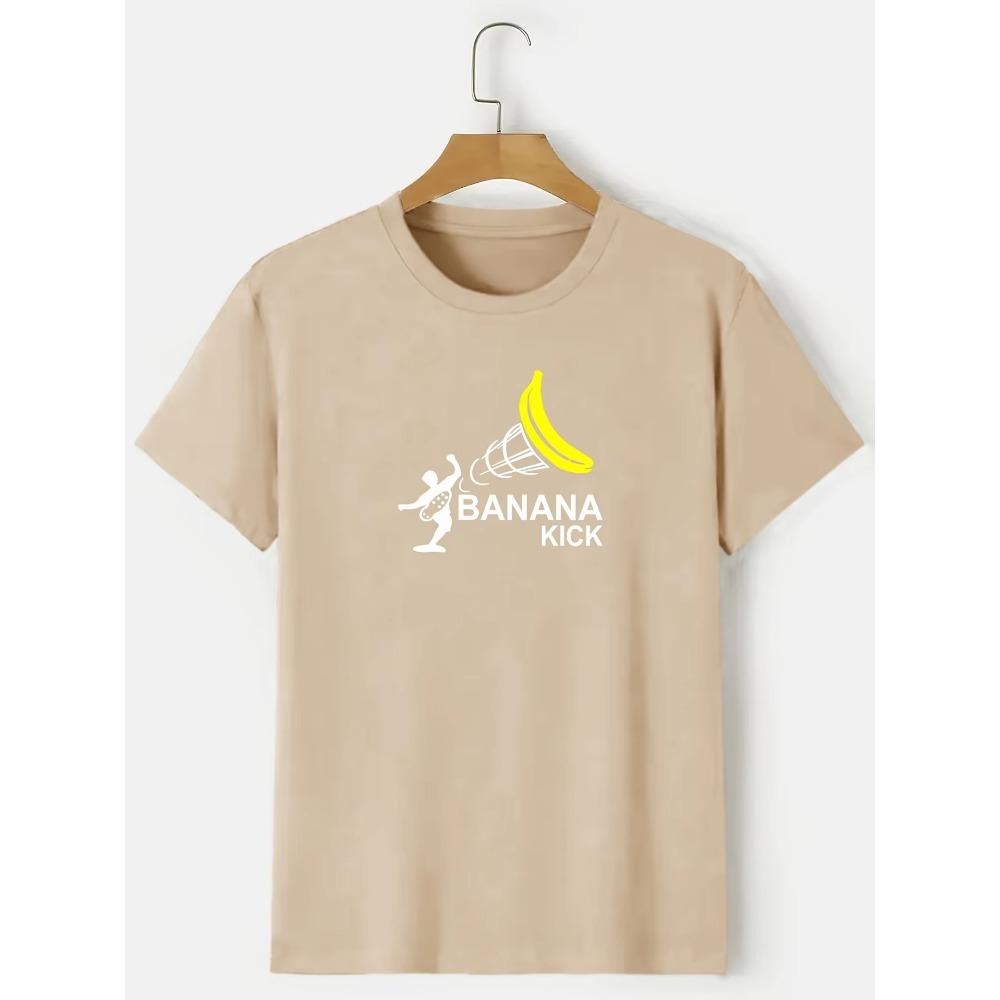 "Banana Kick" Graphic T-shirt, Men's Casual Solid Color Slightly Stretch Round Neck Tee For Spring Summer