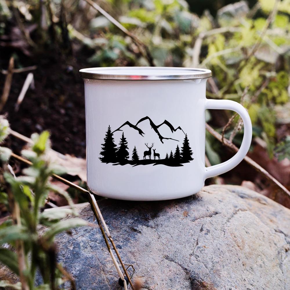 Sunset Forest Creek Creative Enamel Coffee Mugs Outdoor Travel Water Cups Camping Bonfire Party Beer Drink Milk Mug Best Gifts