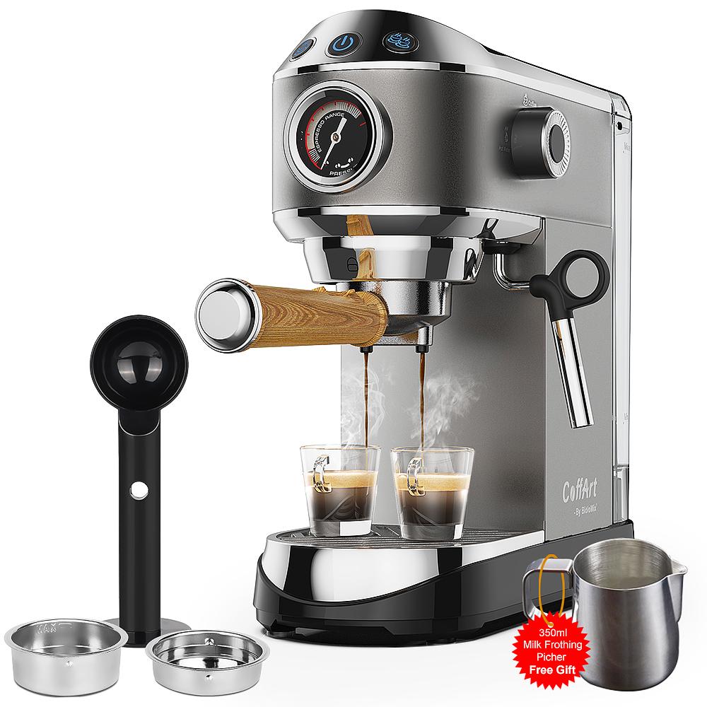 Biolomix 7008 Stainless Steel Espresso Coffee Machine,20Bar Pressure,1450W,Pressure Gauge,Milk Frother Steam Wand,Tank for Home Latte Cappuccino