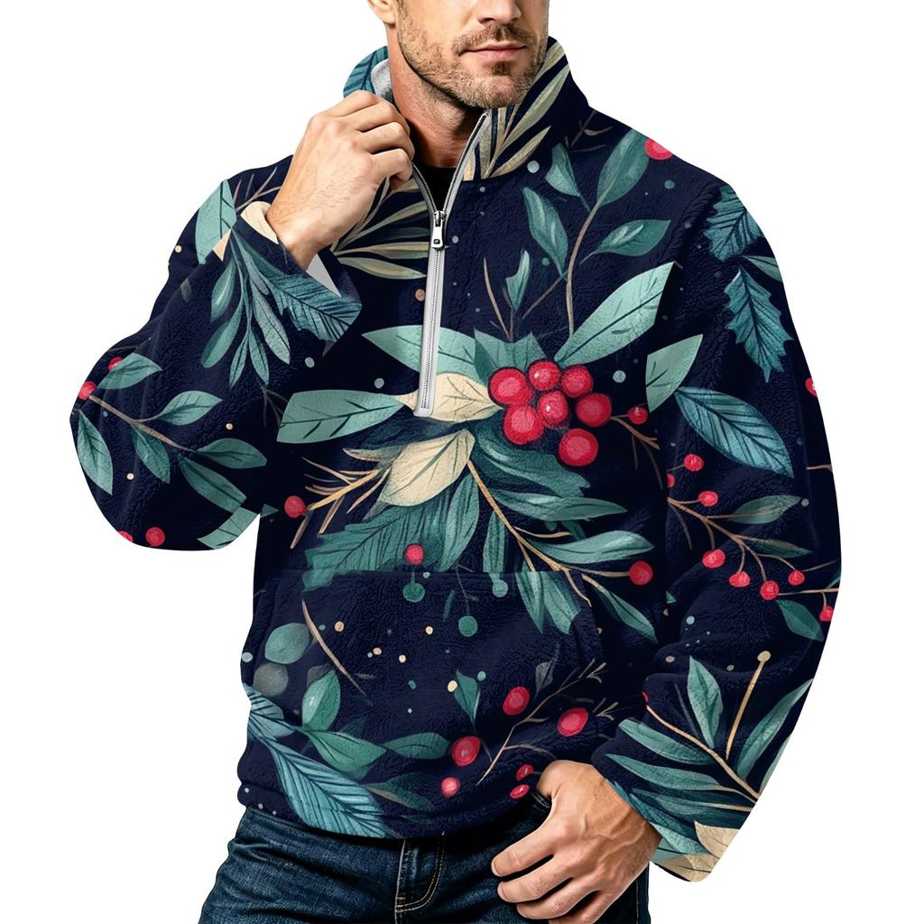 Men's Christmas Print Zip-Up Sweatshirt with Stand Collar, Plus Size Flannel Top for Fall Winter