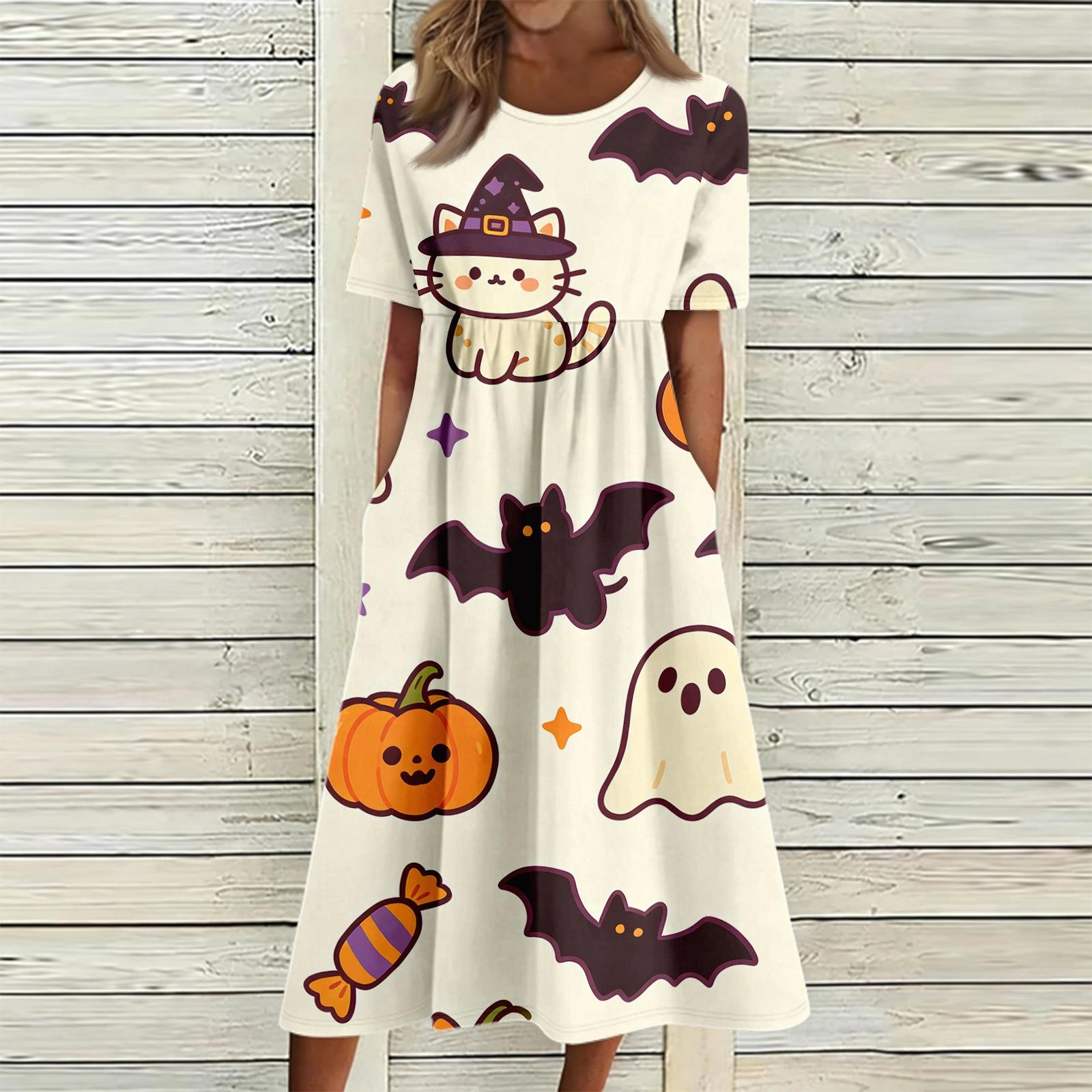 Women s Casual Halloween Print Dress with Round Neck and Pockets for Parties S