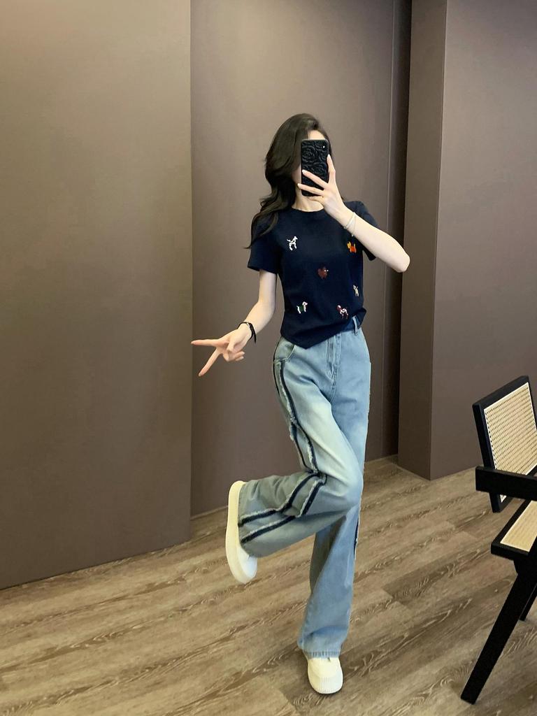 2026 Sommer Damen Trendiges Streetwear Set: Stilvolles Rundhals-Kurzarm-Oberteil & Weitbeinige Jeans