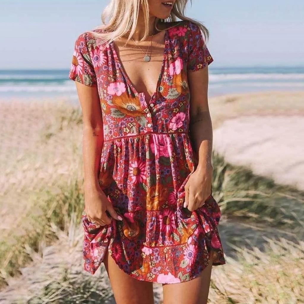 Dámská móda Ležérní šaty s volným výstřihem do V a krátkými knoflíky s potiskem