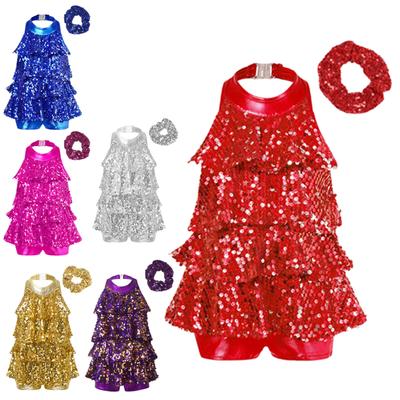 Kids Girls Shiny Sequined Dance Leotard Dress with Hair Band Jazz Latin Dance Performance Costume