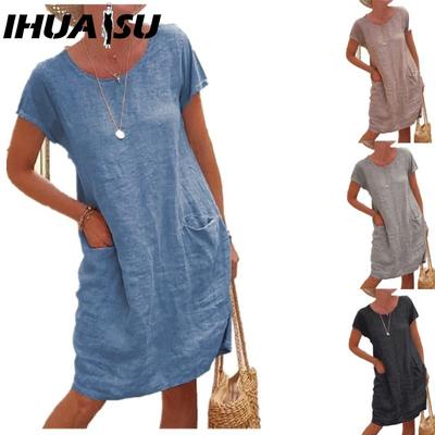 Damen Einfarbiges Sommer-Midikleid Damen Lässiges Lockeres Kleid mit Taschen Übergröße