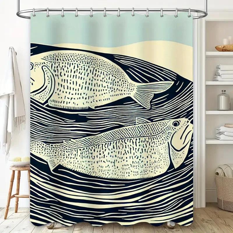 Vintage Blue Fish Print Shower Curtain for Bathroom Decor High-Quality Fabric with Hooks Included