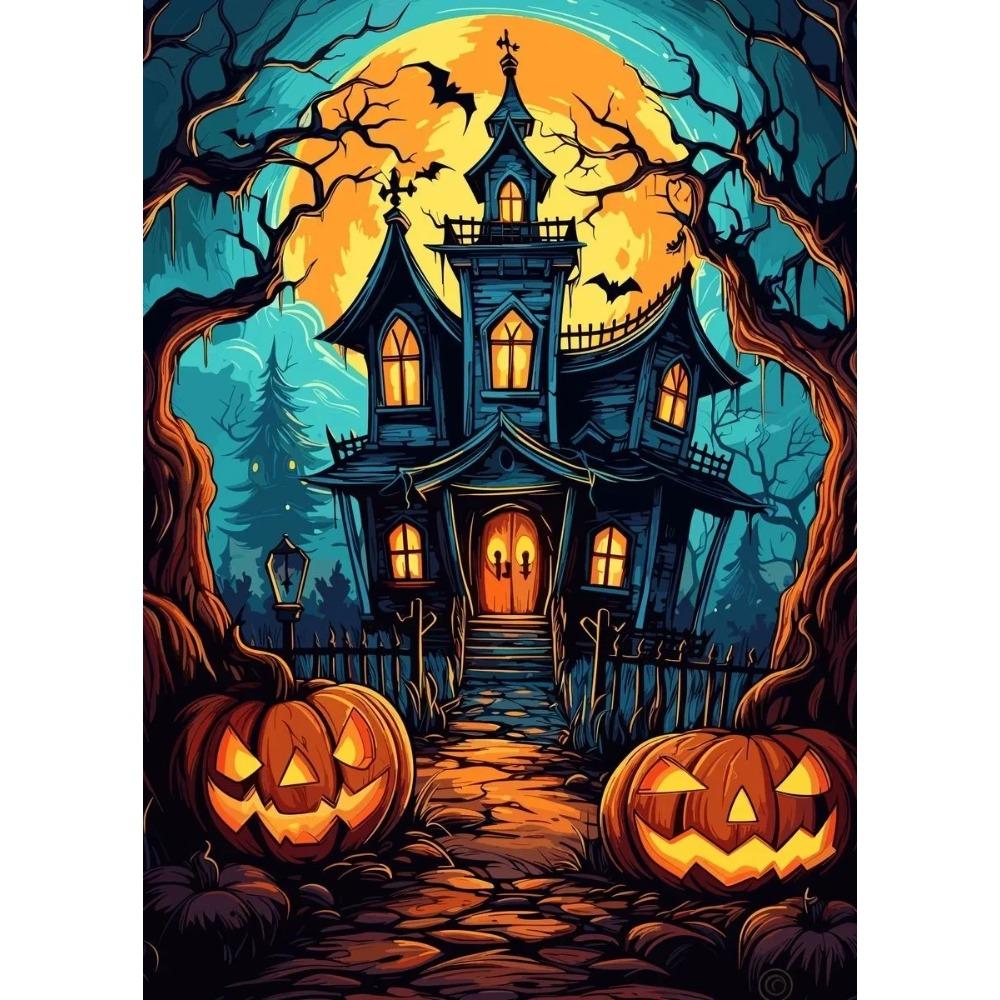 A Classic Vintage Wall Art Pumpkin Black Cat Ghost Painter Halloween Night, Printed Poster, Home Living Room Bedroom Decoration