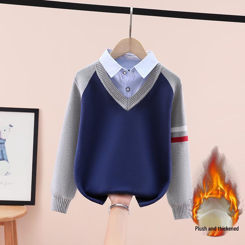 Jungen Strickpullover mit Fleecefutter: Dickes Fake-Zweiteiler-Design für Frühling/Herbst/Winter