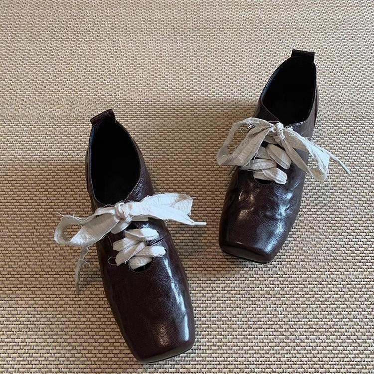 Retro Square Toe Chunky Heel Leather Ballet Shoes for Women