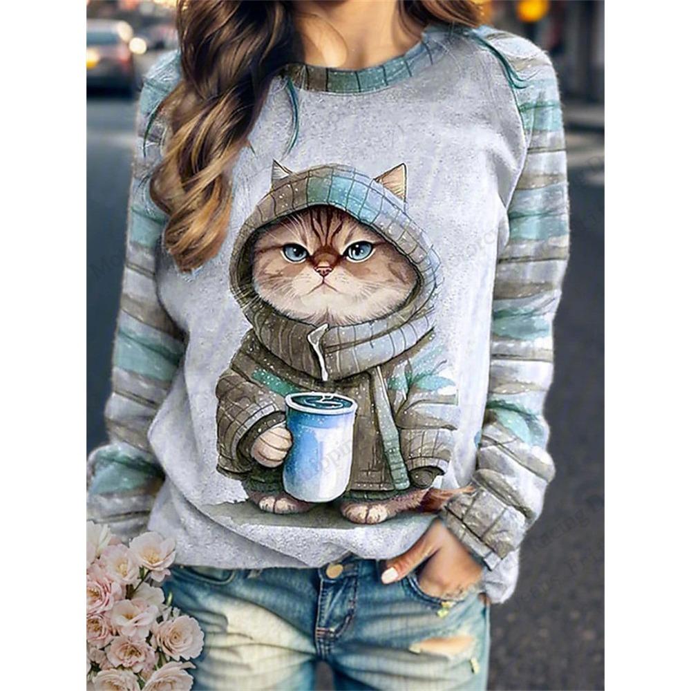 Lustige Cartoon-Katzen 3D-gedruckte Sweatshirts für Damen, modische Tier-Sweatshirts mit Rundhalsausschnitt für Damen, lässige Langarmbekleidung