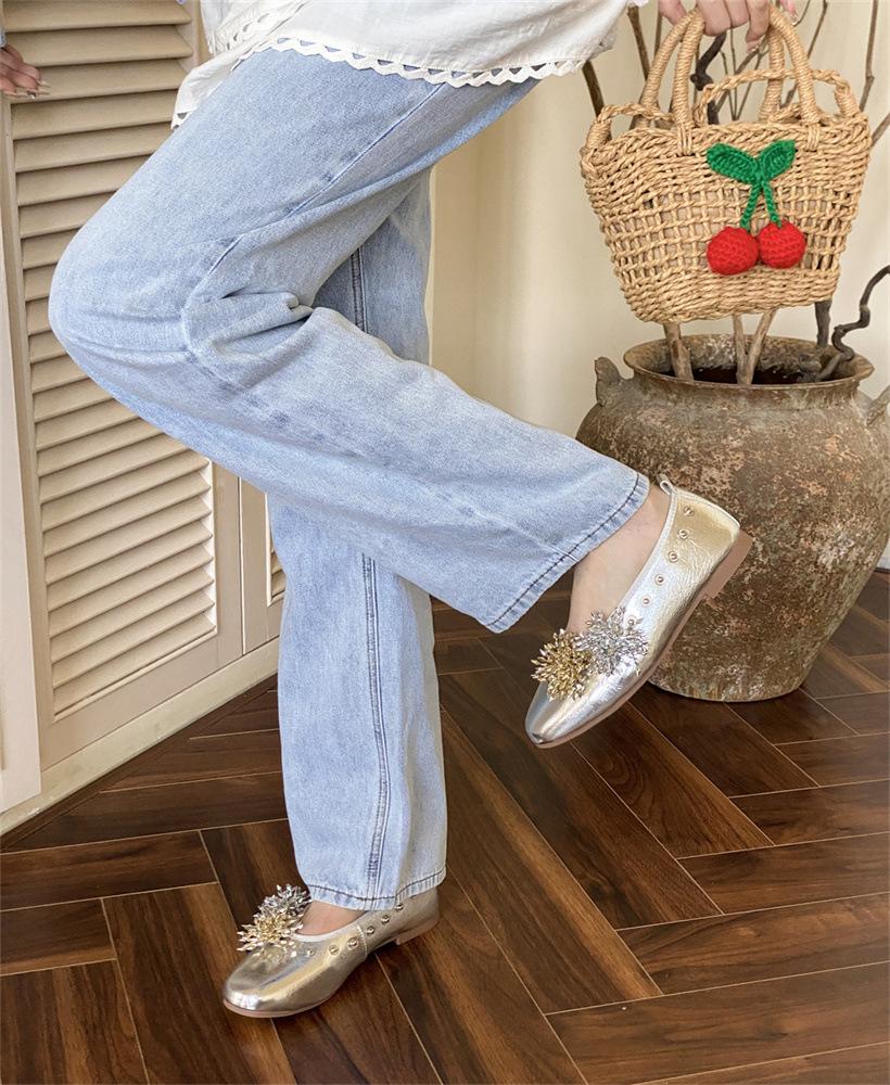 

Creative design removable flowers! Full leather inside and outside 2025 spring and summer round head flat bottom rivets shallow mouth single shoes w 40 серебряный