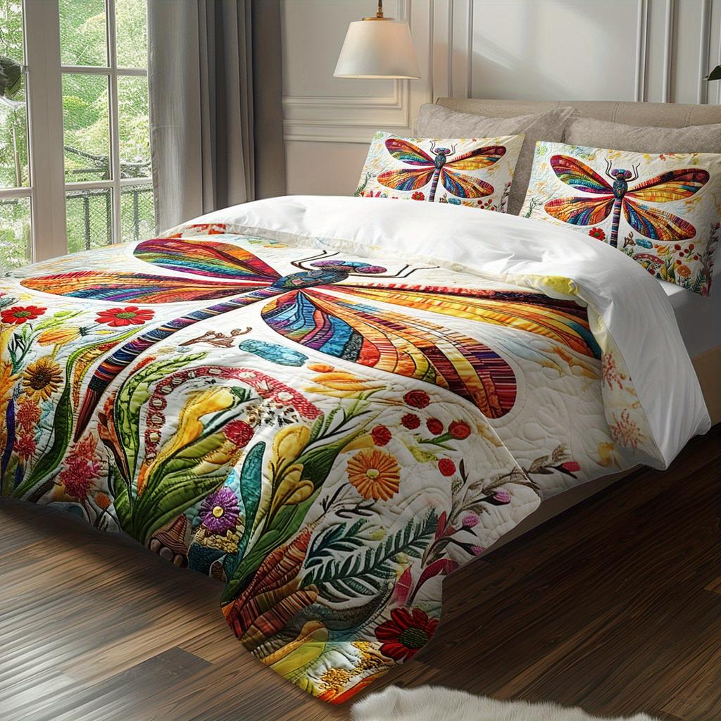 3pcs Bohemian Dragonfly Bedding Duvet Cover Set Dragonfly Bedding Quilt Set Floral Themed Bed Quilt Set Rainbow Dragonfly