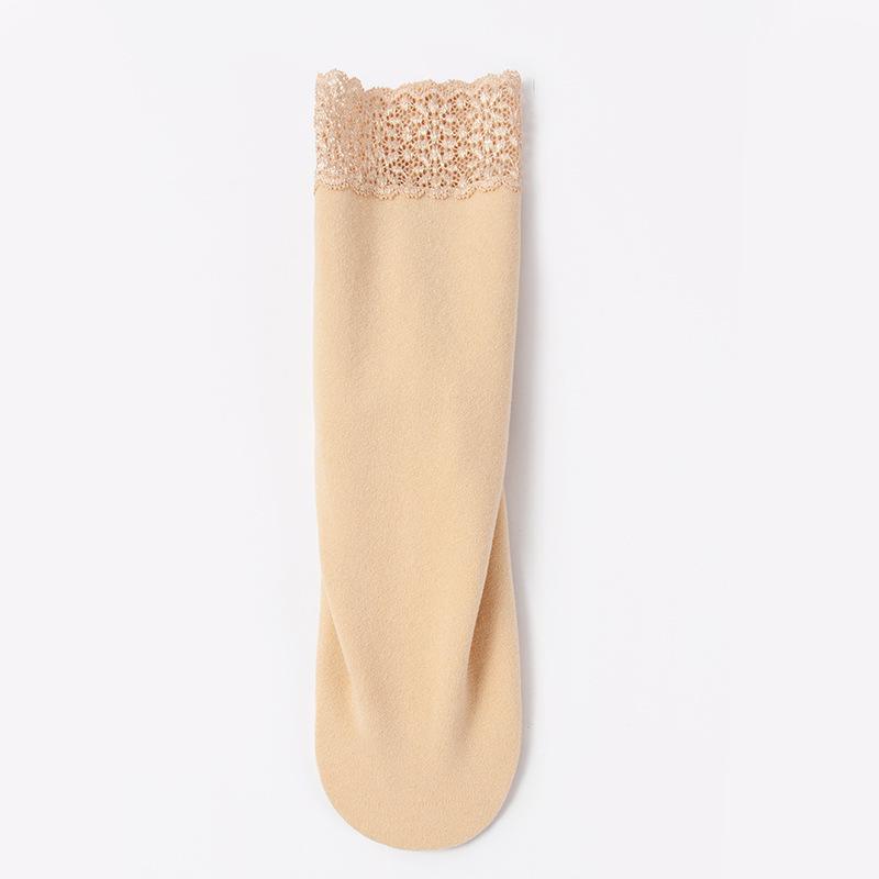 Women's Non-Slip Thermal Velvet Lace Trim Mid-Calf Socks - Cold-Resistant, Thickened Cotton for Autumn and Winter