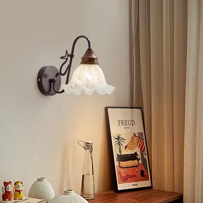 French Mid-Century Flower Wall Lamp In Retro Walnut - Creative Nanyang Style Bedside Light