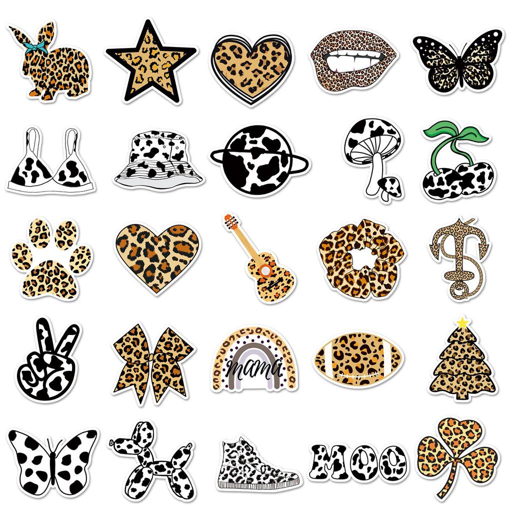 50 Leopard & Cow Print Graffiti Stickers: Waterproof Decorative Set for Phone Cases, Water Bottles, Suitcases