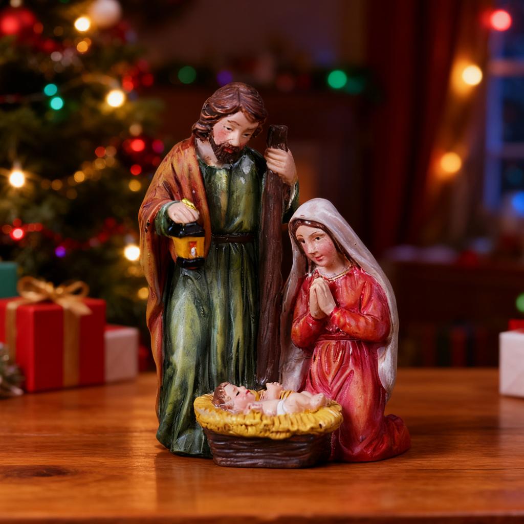 LED Lighted Holiday Resin Manger Nativity Scene Figurine Decors Christmas Themed Tabletop Religious Holy Family Ornament