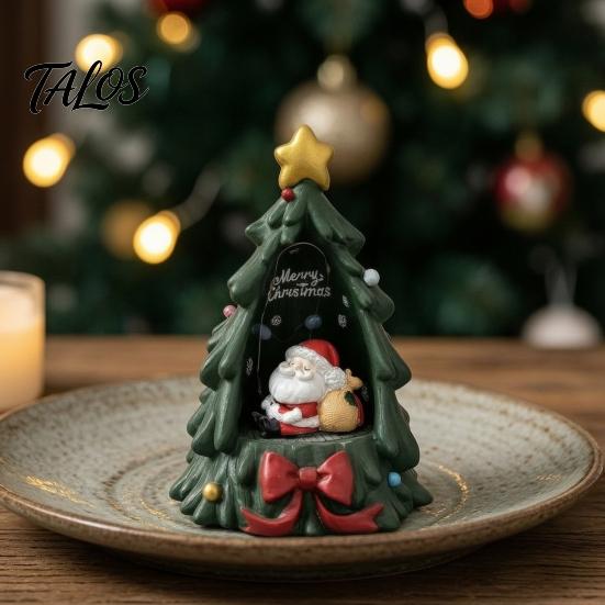 Unique Resin Crafts Christmas Tree Ornament with Built-in LED Warm Light, Santa Claus Figurine, Gift for Friends Decorative Tabletop Night Light