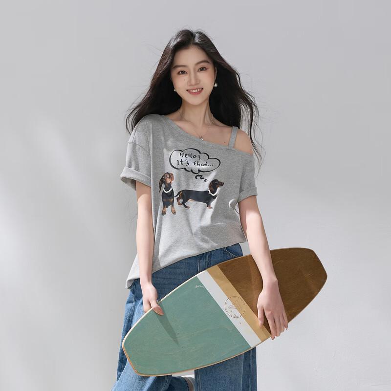 SanCai Asymmetric Off-Shoulder Dachshund Print Loose Fit Top L