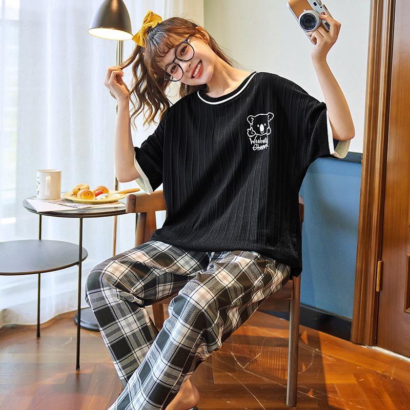 

Женская мода, пуловер с коротким рукавом и круглым вырезом, топ, клетчатые брюки, комплект, свободный удобный домашний наряд, одежда для сна, домашняя одежда, пижамы, 2 шт. L