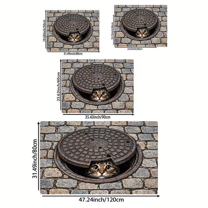 3D Visual Cat Manhole Cover Door Mat Anti‑Slip Absorbent Floor Mat For Entrance Hallway Indoor Home Decor