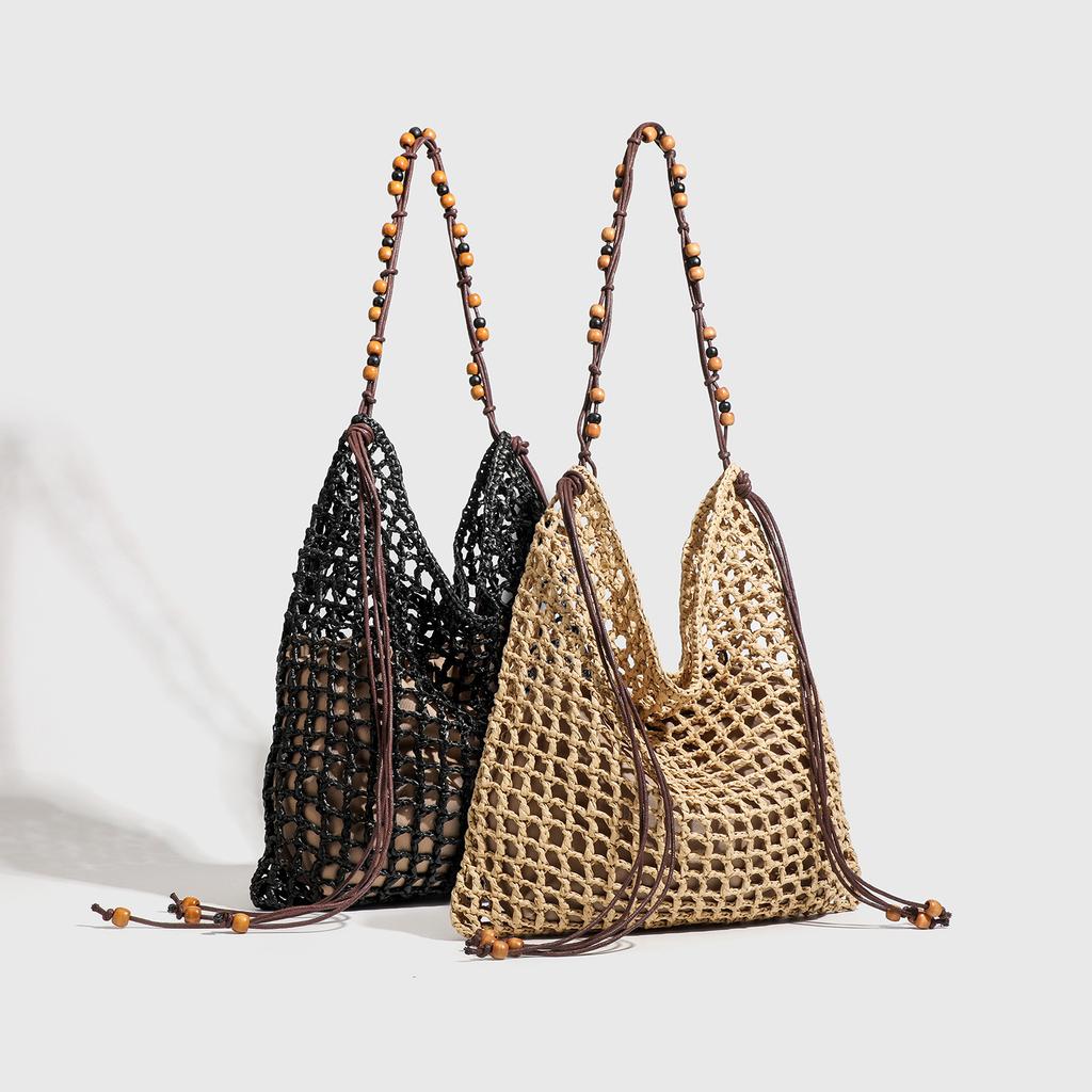 Women's Bag 2025 New Summer Beaded Woven Beach Tote Bag Large Capacity Hollow Straw Shoulder Bag Wholesale