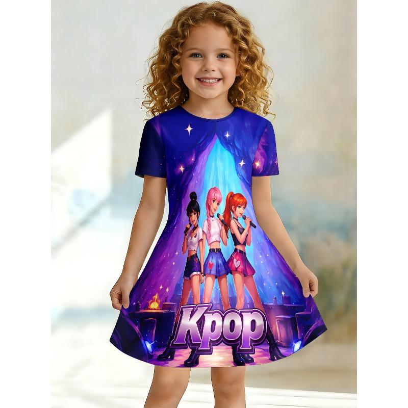 Little Girls 3 Styles Cartoon Floral Idol Print Short Sleeve A-Line Dress Kids Summer Daily Casual Flared Swing Dress