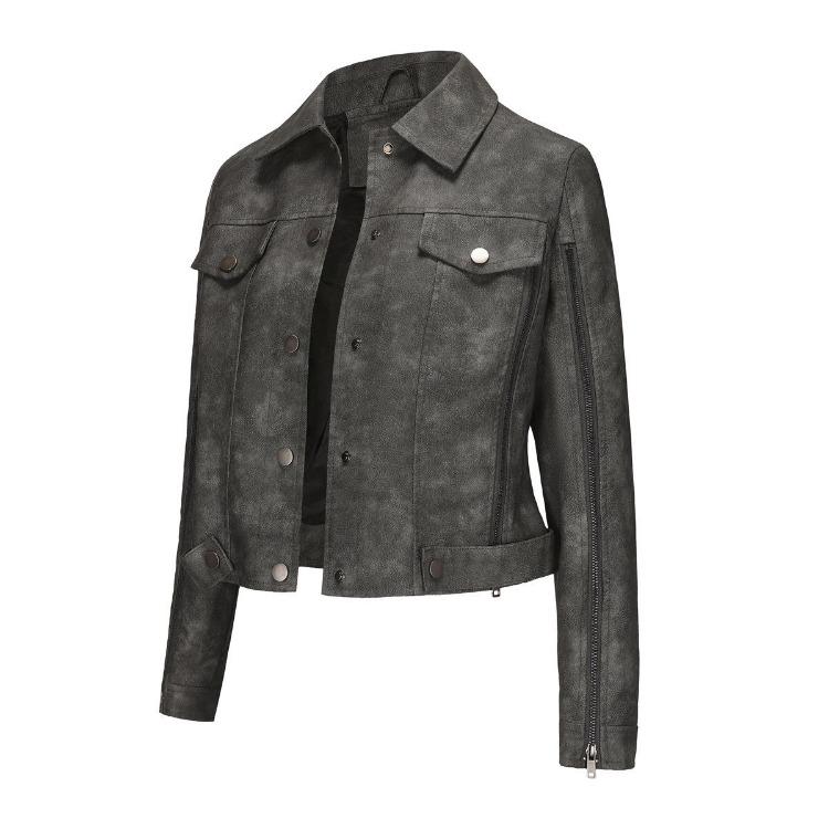 Women Leather Jacket Slim Fit Pu Zipper Outerwear Long Sleeve Lapel Collar for Fall Winter