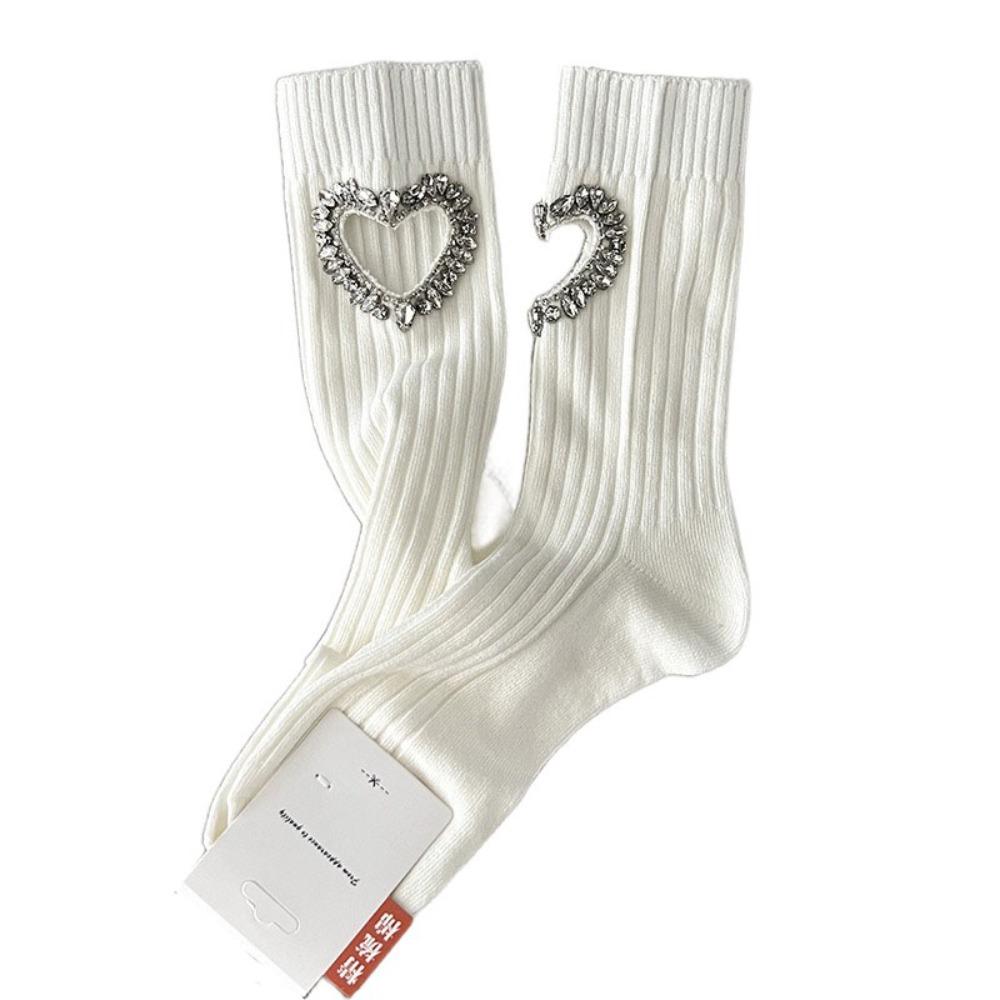 

Cotton Rhinestone Heart Socks JK Mid-calf Socks Women Fashion Y2K Tube Socks Lolita белый