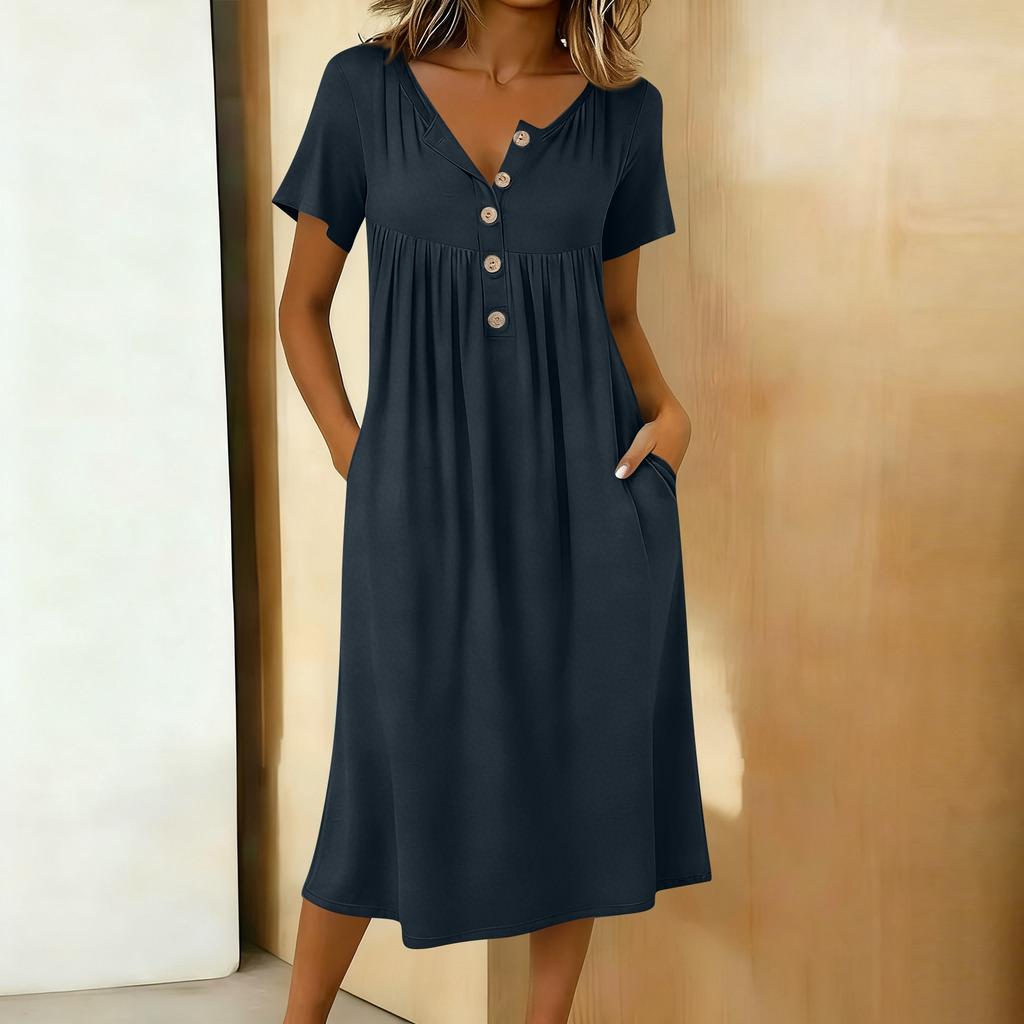 Women's Fashionable Color Round Neck Short Sleeved Button Neck Mid Length Casual Dress