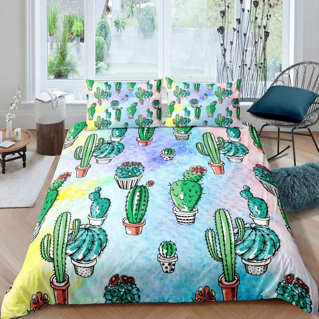 Floral Bedding Set 3pcs Cactus Succulents and Flowers Decor Comforter Cover Plant Soft Polyester Quilt Cover with 2 Pillow Cases
