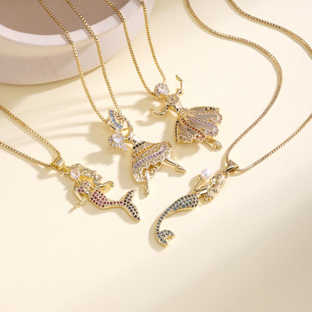 Nidin Fashion Ballerina & Mermaid Pendant Necklace For Women Cubic Zirconia Pearl Cute Neck Chain Girls Party Jewelry Gifts