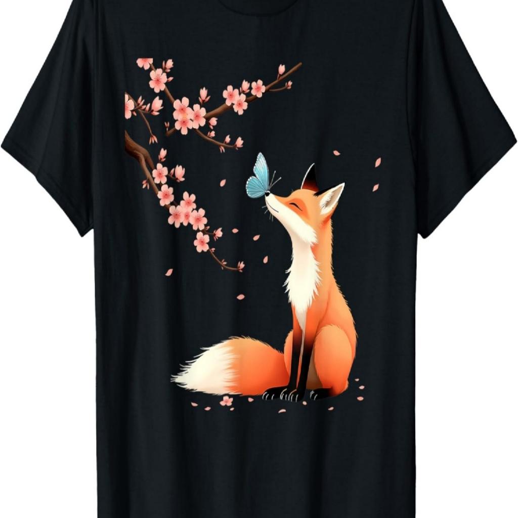 T-Shirt Kawaii da Ragazze e Donne con Volpe e Albero di Ciliegio Sakura(1)