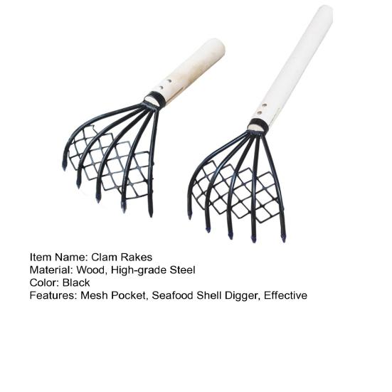 2Pcs/Set Steel Clam Rakes with Wooden Handle Mesh Pocket Seafood Shell Digger Tool Clam Rakes Beach Clamming Accessories