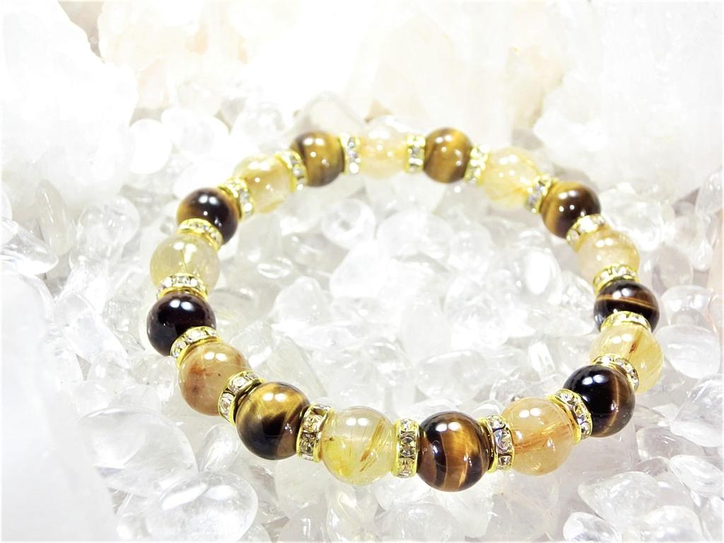 Kanaishi x Wealth Bracelet Gold Rutilated Quartz Eye Bracelet for Power Natural Crushed [Wealth ] Tiger's Men, Stone, Stone, 9mm-10mm [Purification,