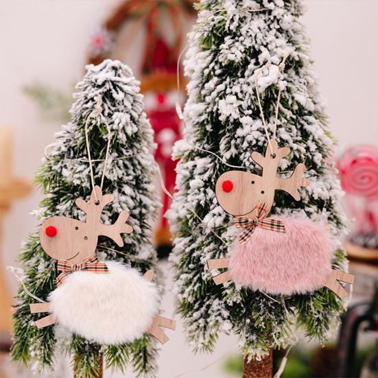 Wooden Elk Hanging Ornaments Rustic Plush Elk Pendant with Plaid Bowknot Festive
