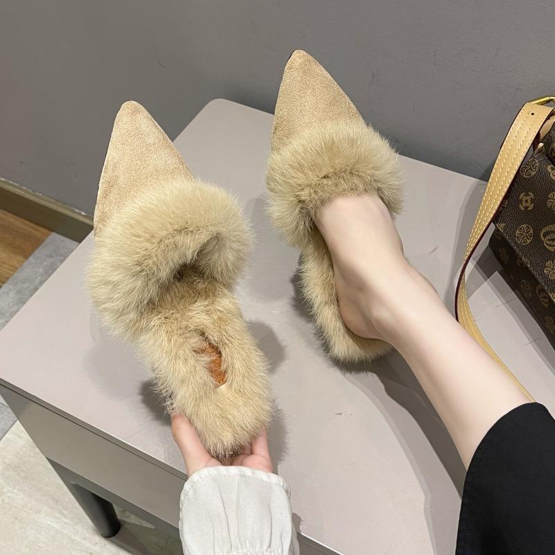 Winter Warm Faux Fur Mules Slippers Women Pointed Toe Slip-On Thin Heels Flip-flops Woman Short Plush Lined Closed Toe Slides