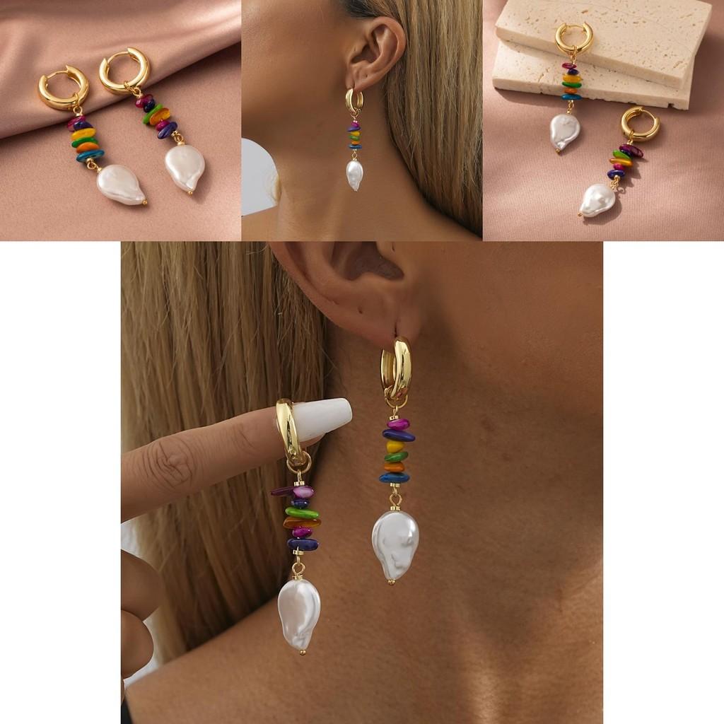 Chic European And American Style Earrings With Colorful Stones And Pearls
